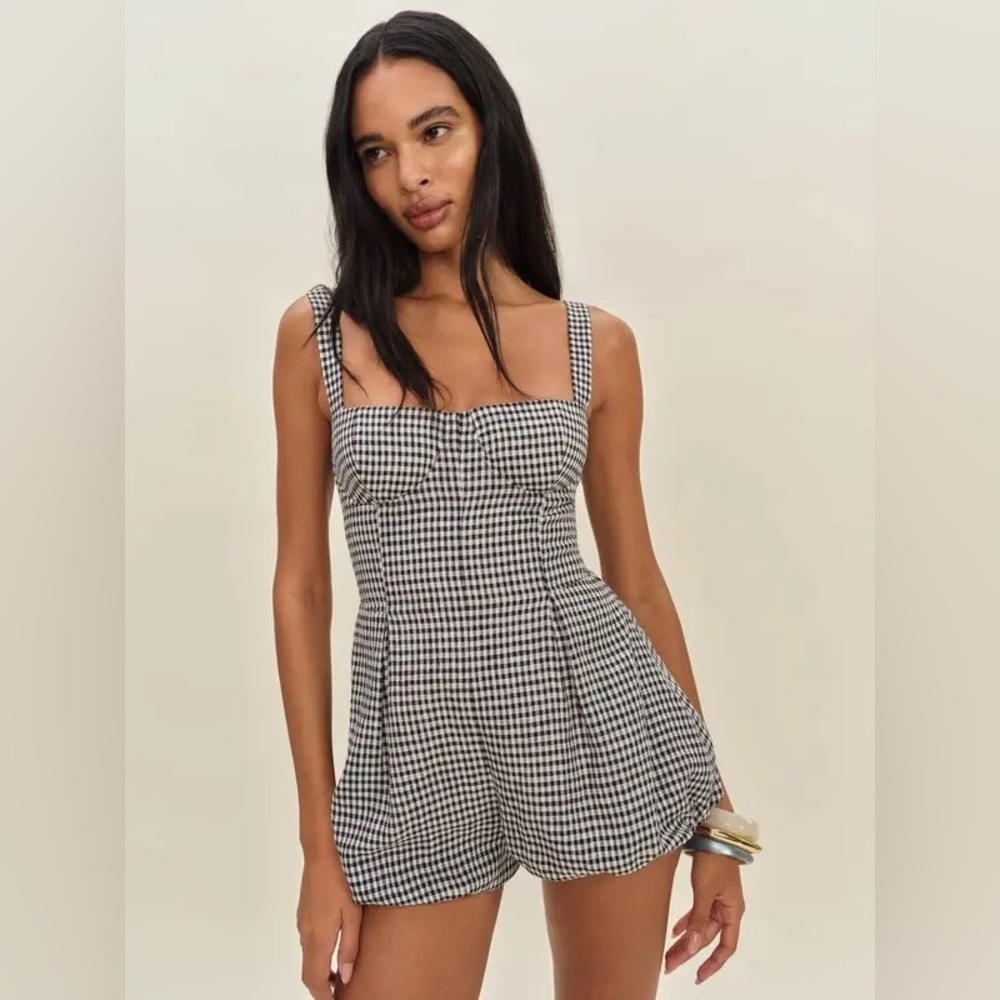 NWT Reformation Lydia Linen Gingham Bubble Hem Romper Remy Check Black White